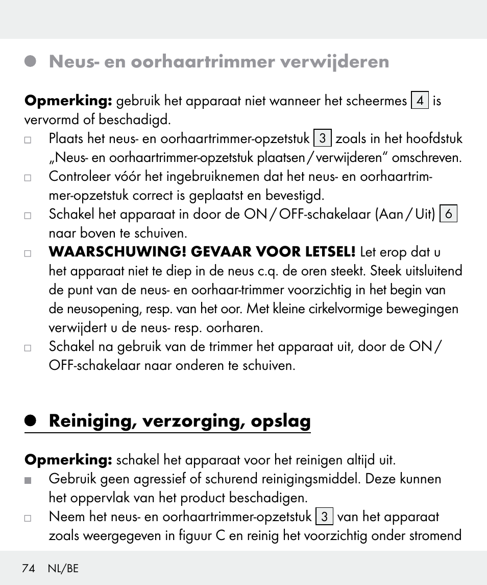 Neus- en oorhaartrimmer verwijderen, Reiniging, verzorging, opslag | Silvercrest Z31437 User Manual | Page 74 / 91