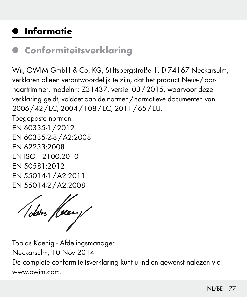 Informatie conformiteitsverklaring | Silvercrest Z31437 User Manual | Page 77 / 91