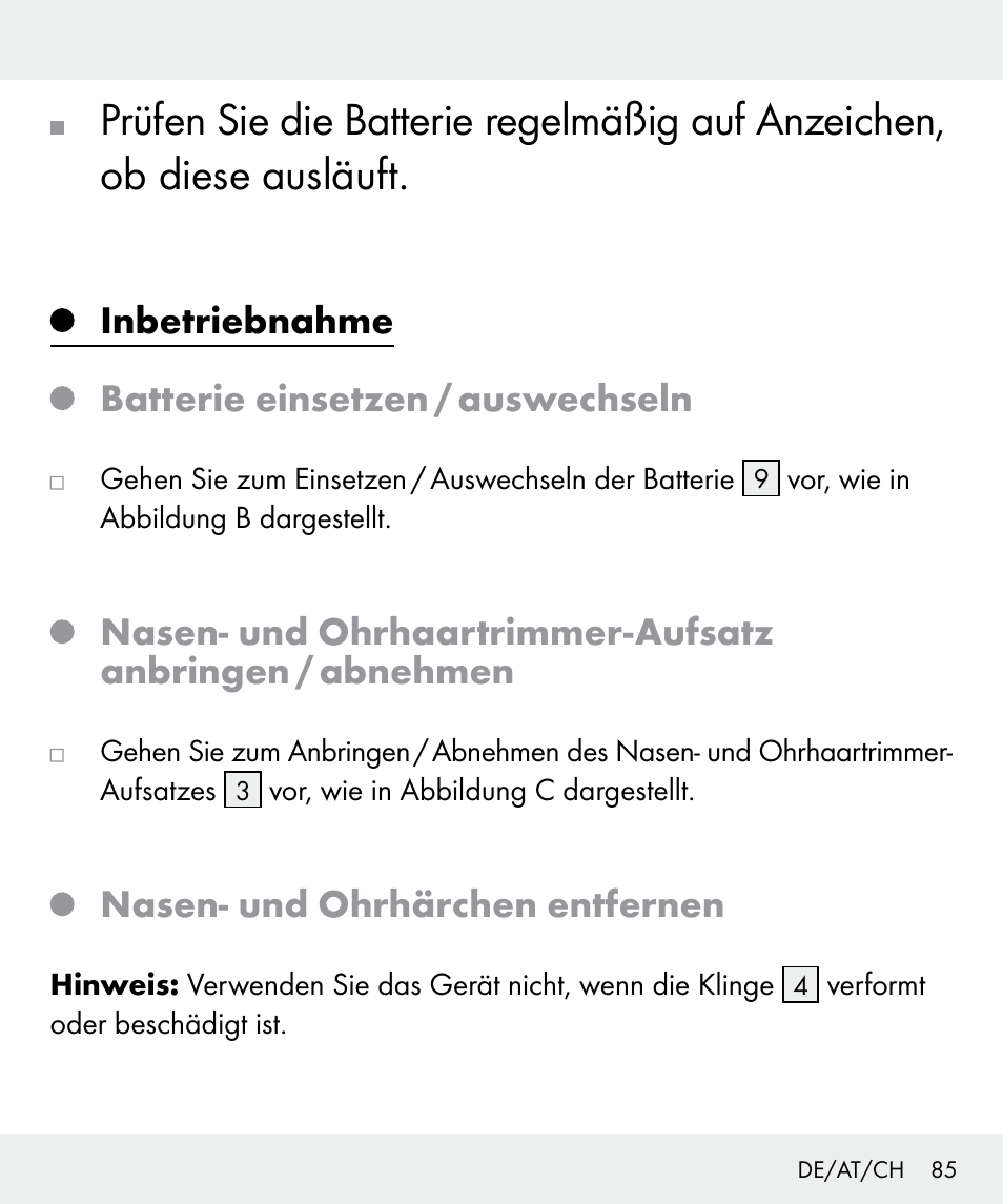 Inbetriebnahme batterie einsetzen / auswechseln, Nasen- und ohrhärchen entfernen | Silvercrest Z31437 User Manual | Page 85 / 91