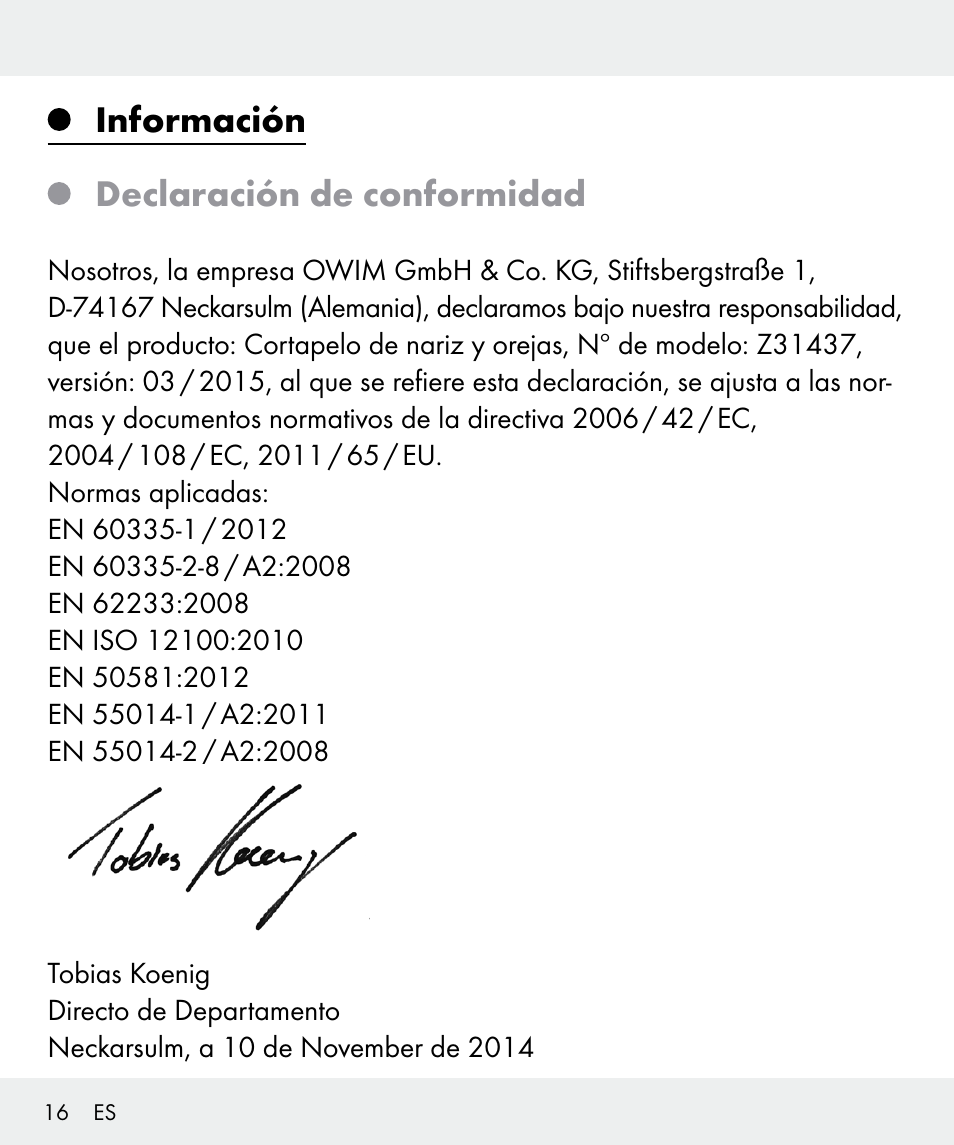 Información declaración de conformidad | Silvercrest Z31437 User Manual | Page 16 / 69