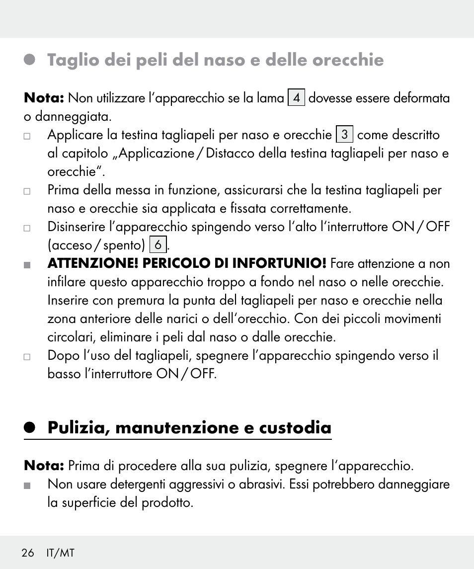 Taglio dei peli del naso e delle orecchie, Pulizia, manutenzione e custodia | Silvercrest Z31437 User Manual | Page 26 / 69