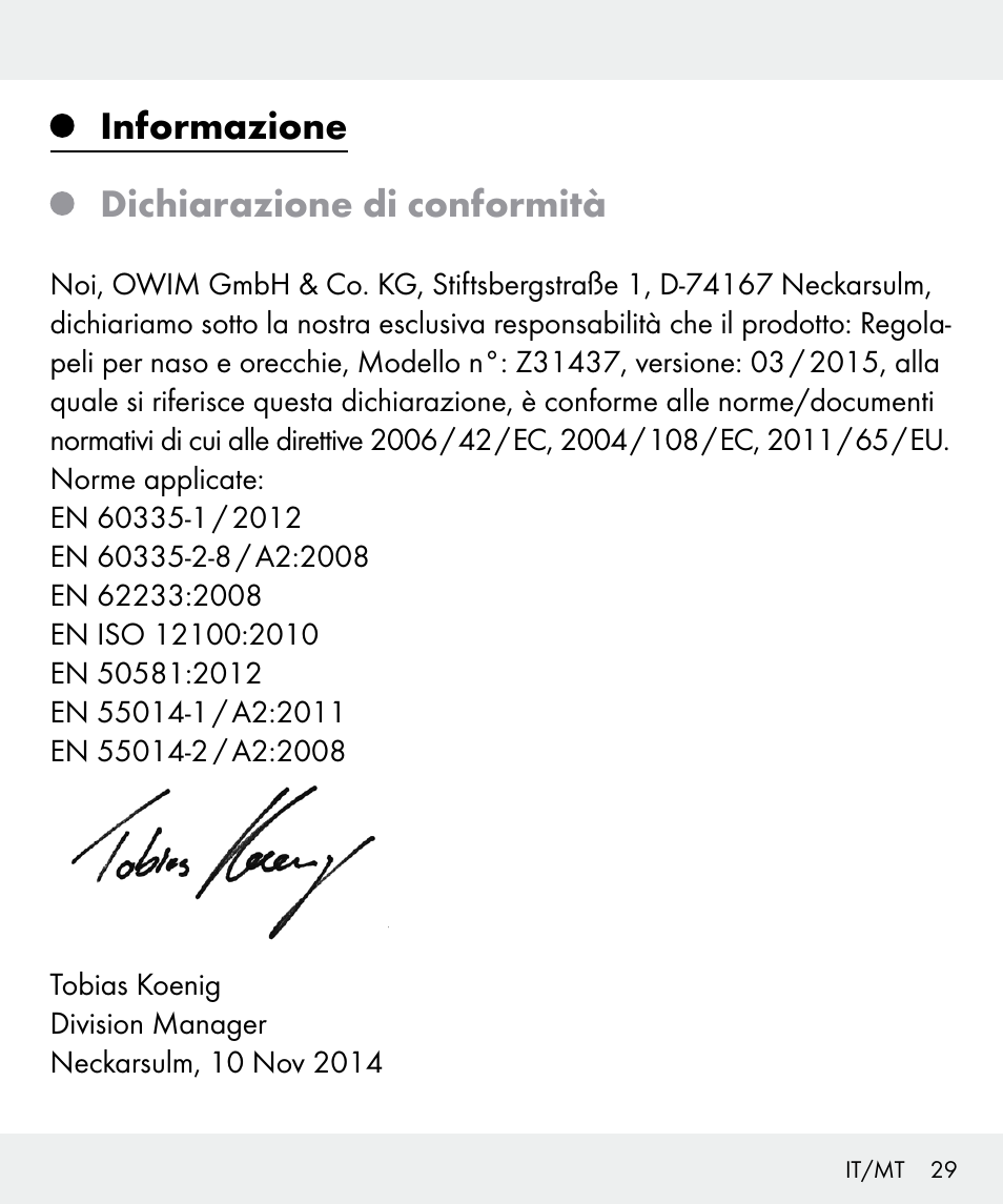 Informazione dichiarazione di conformità | Silvercrest Z31437 User Manual | Page 29 / 69