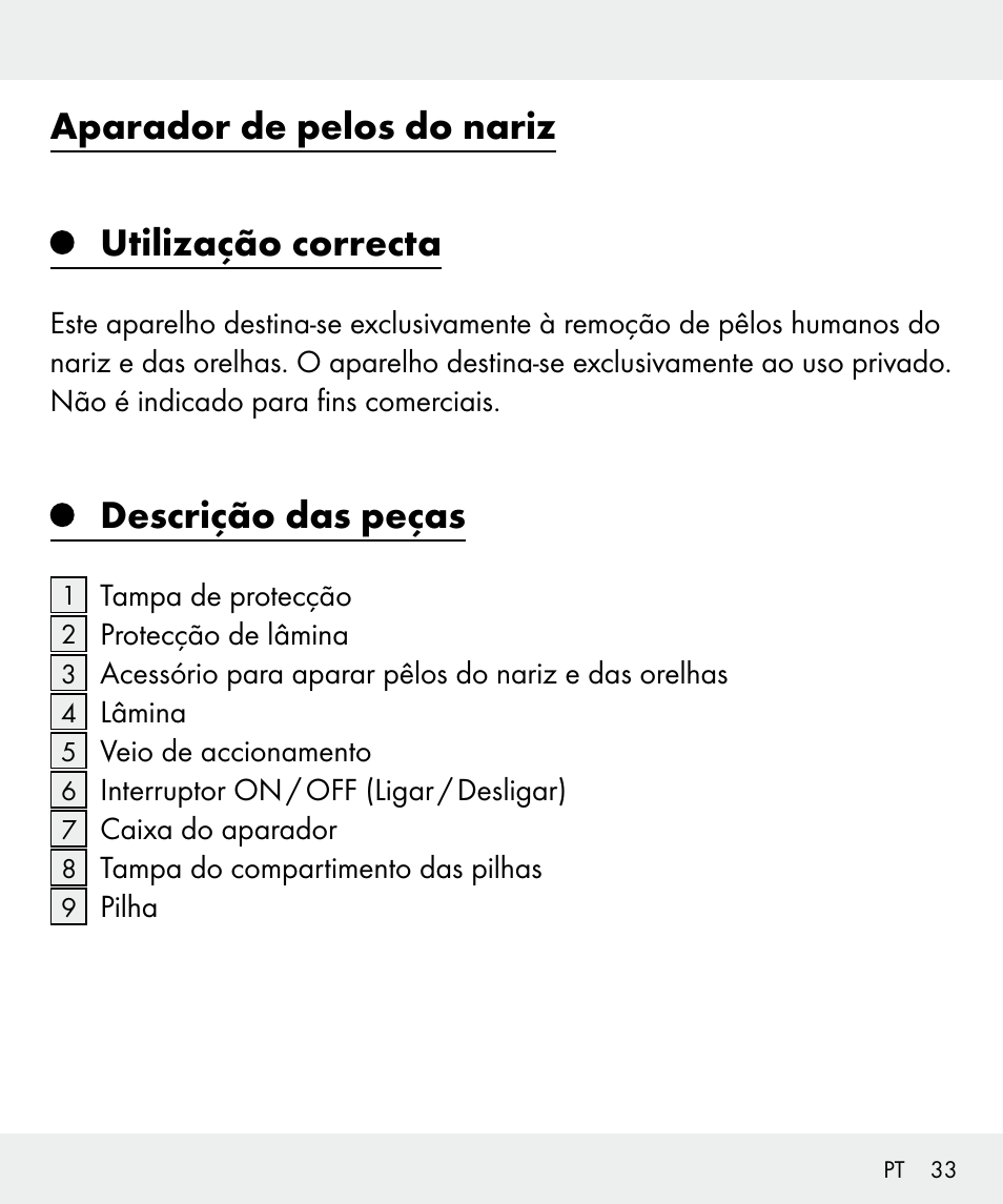 Aparador de pelos do nariz utilização correcta, Descrição das peças | Silvercrest Z31437 User Manual | Page 33 / 69