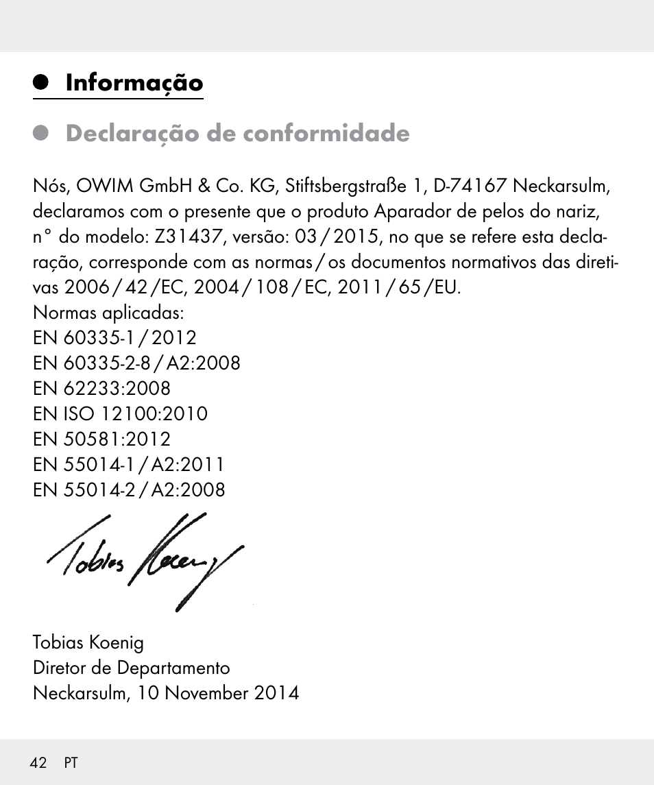 Informação declaração de conformidade | Silvercrest Z31437 User Manual | Page 42 / 69