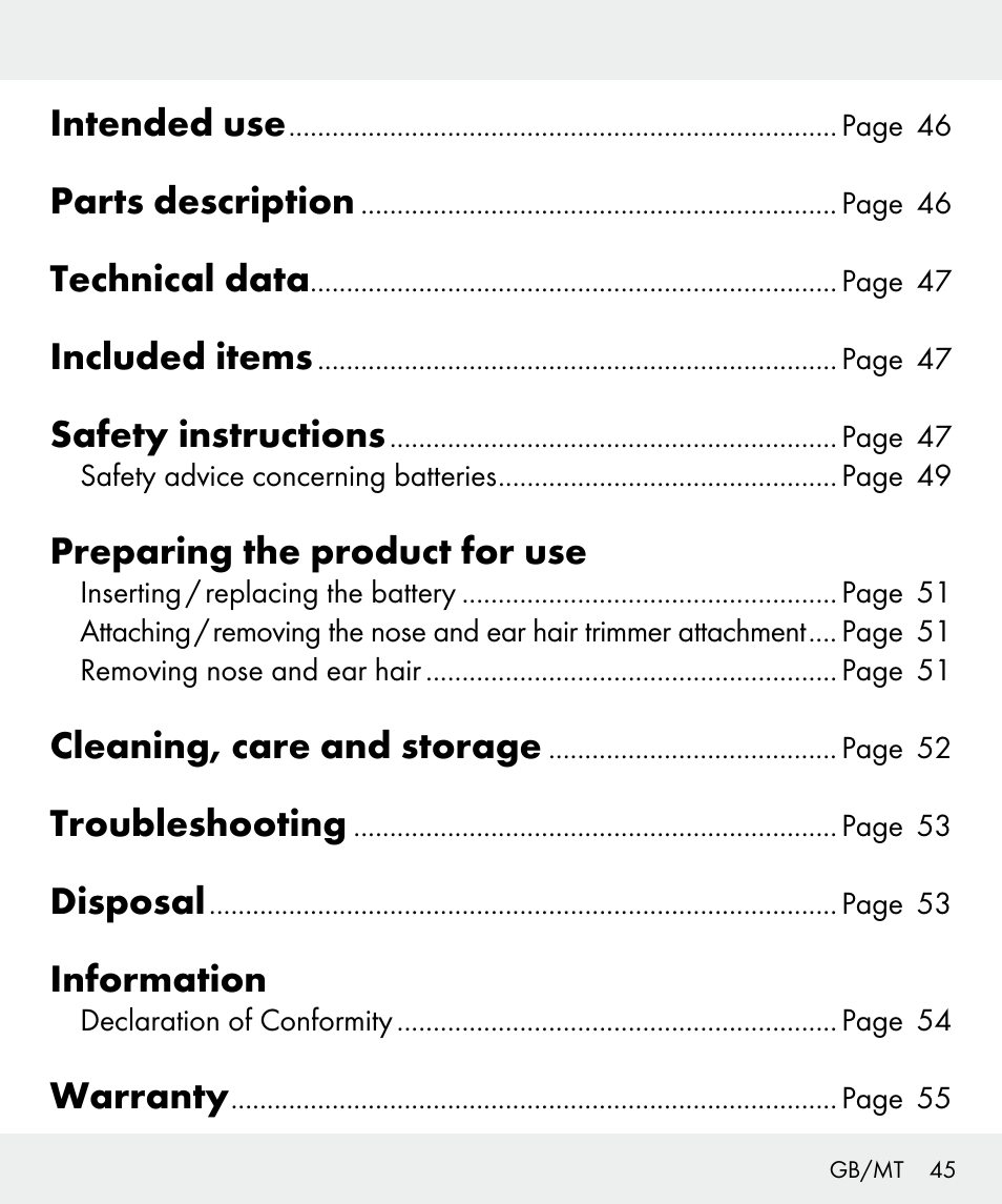 Intended use, Parts description, Technical data | Included items, Safety instructions, Preparing the product for use, Cleaning, care and storage, Troubleshooting, Disposal, Information | Silvercrest Z31437 User Manual | Page 45 / 69