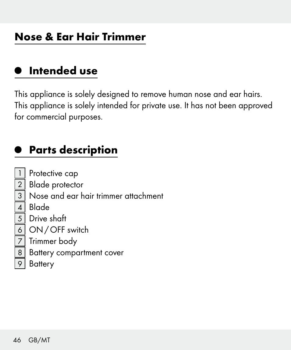 Nose & ear hair trimmer intended use, Parts description | Silvercrest Z31437 User Manual | Page 46 / 69