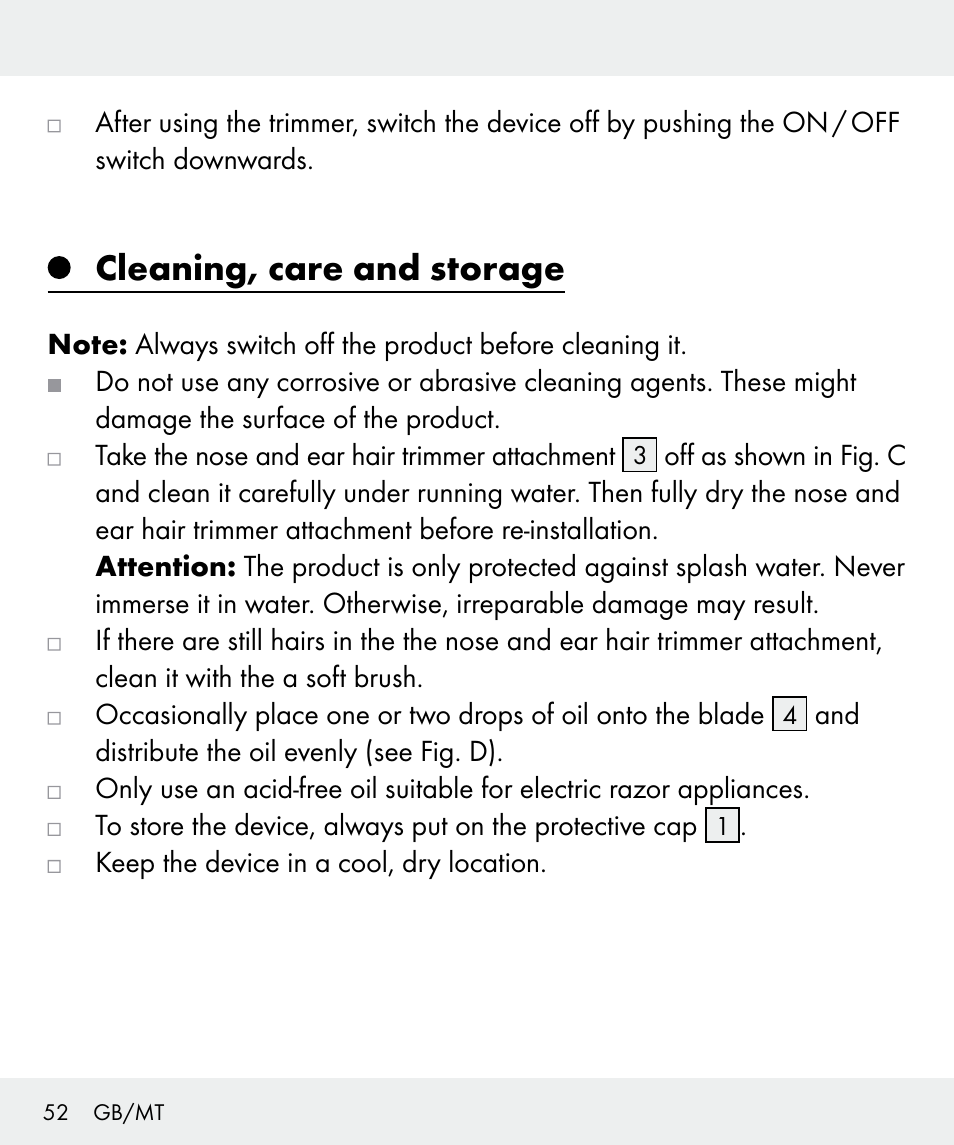 Cleaning, care and storage | Silvercrest Z31437 User Manual | Page 52 / 69