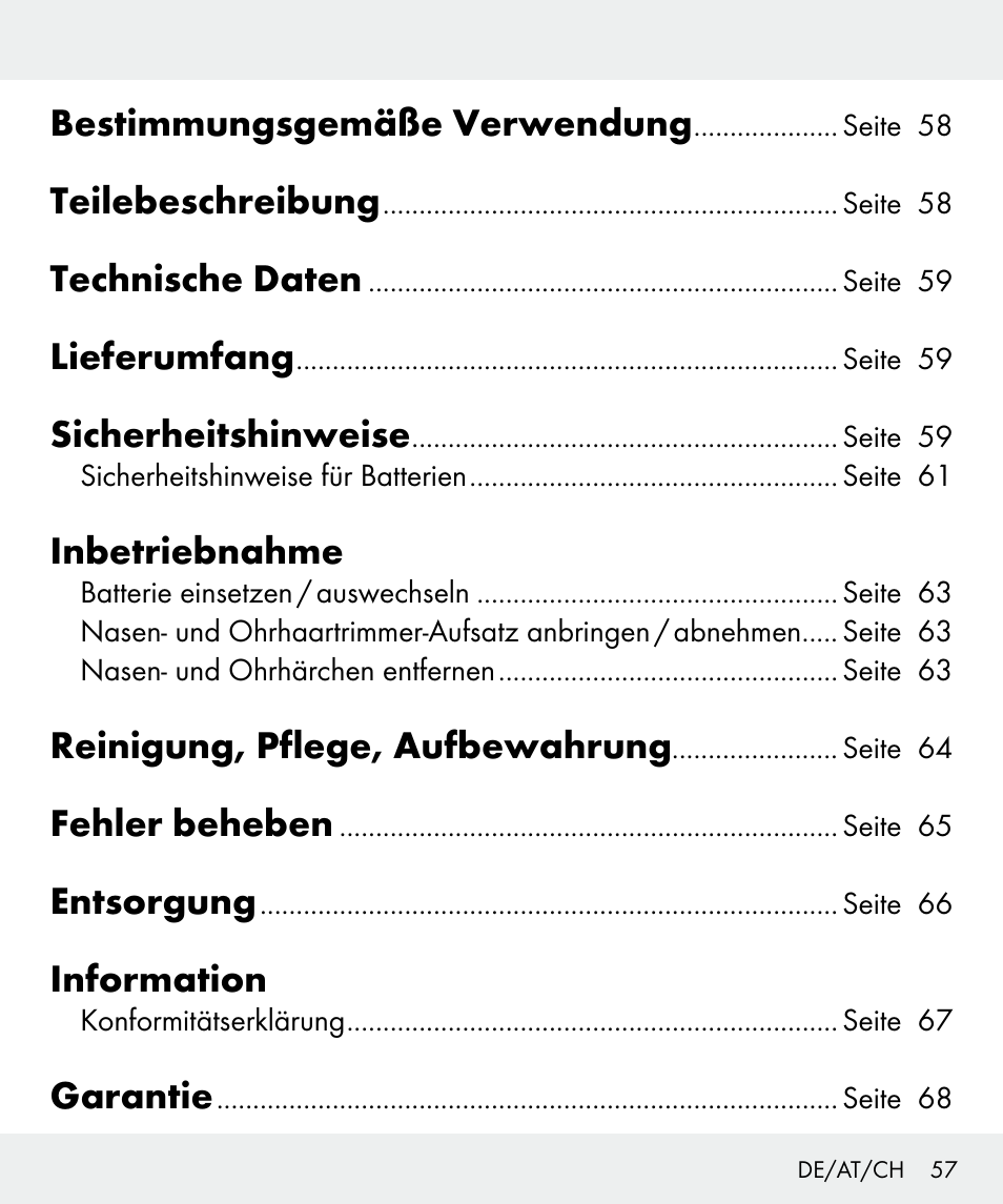 Bestimmungsgemäße verwendung, Teilebeschreibung, Technische daten | Lieferumfang, Sicherheitshinweise, Inbetriebnahme, Reinigung, pflege, aufbewahrung, Fehler beheben, Entsorgung, Information | Silvercrest Z31437 User Manual | Page 57 / 69