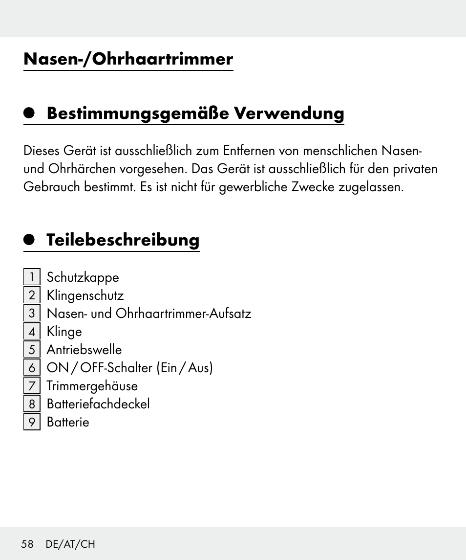 Nasen-/ohrhaartrimmer bestimmungsgemäße verwendung, Teilebeschreibung | Silvercrest Z31437 User Manual | Page 58 / 69