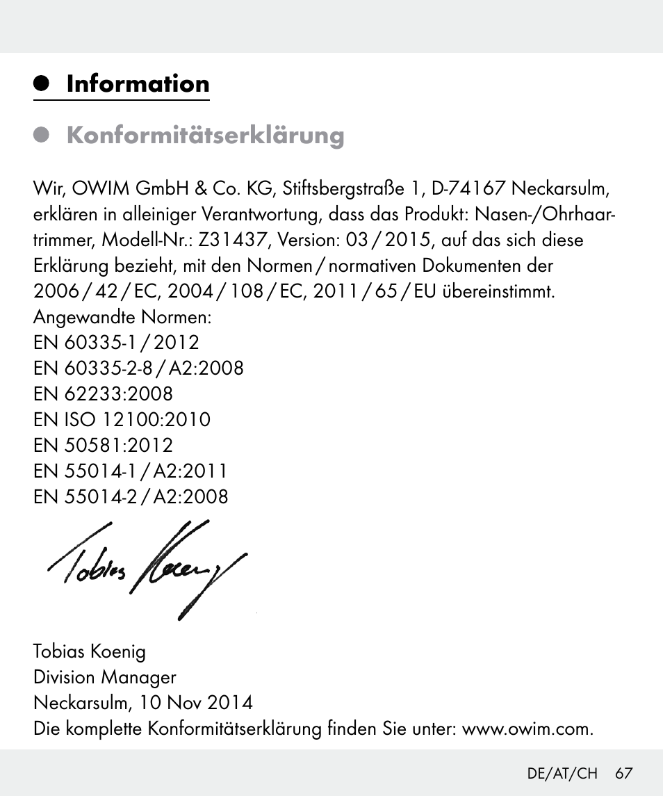 Information konformitätserklärung | Silvercrest Z31437 User Manual | Page 67 / 69