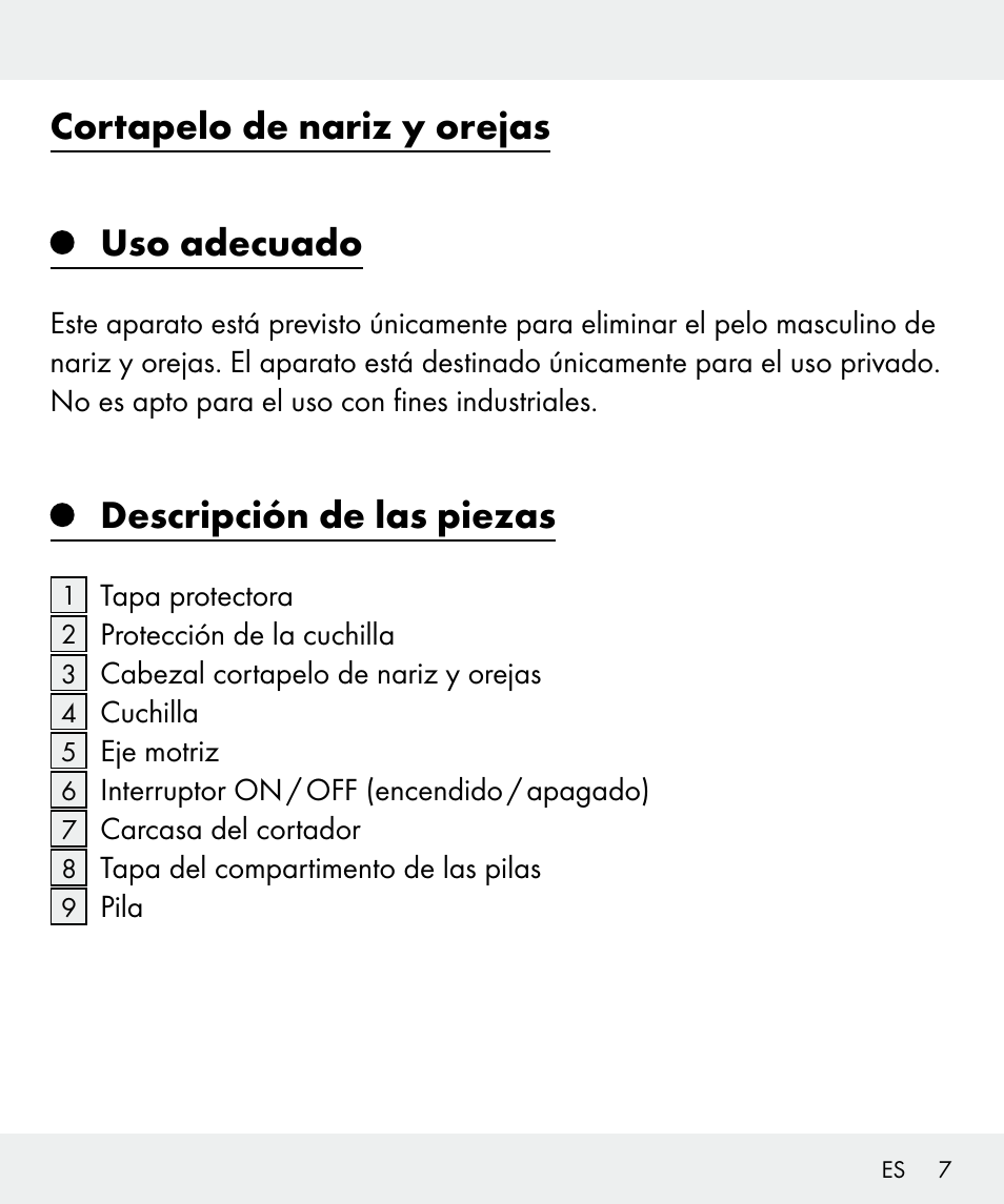 Cortapelo de nariz y orejas uso adecuado, Descripción de las piezas | Silvercrest Z31437 User Manual | Page 7 / 69