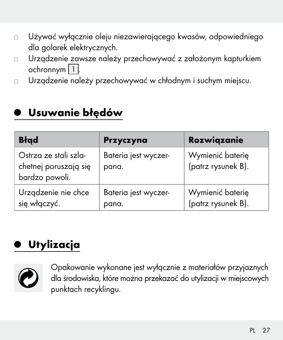 Usuwanie błędów, Utylizacja | Silvercrest Z31437 User Manual | Page 27 / 92