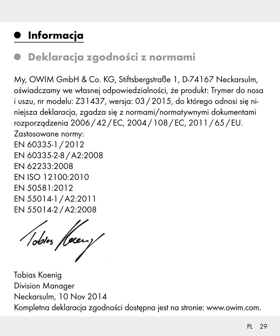 Informacja deklaracja zgodności z normami | Silvercrest Z31437 User Manual | Page 29 / 92