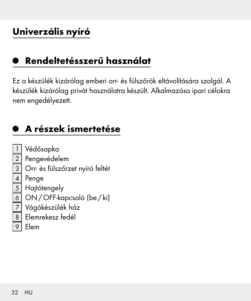 Univerzális nyíró rendeltetésszerű használat, A részek ismertetése | Silvercrest Z31437 User Manual | Page 32 / 92