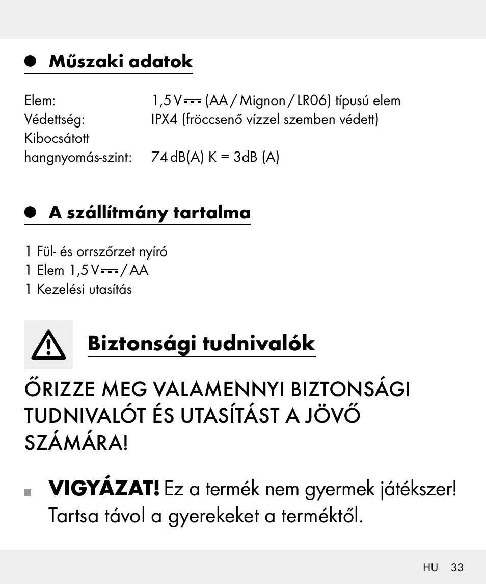 Vigyázat | Silvercrest Z31437 User Manual | Page 33 / 92