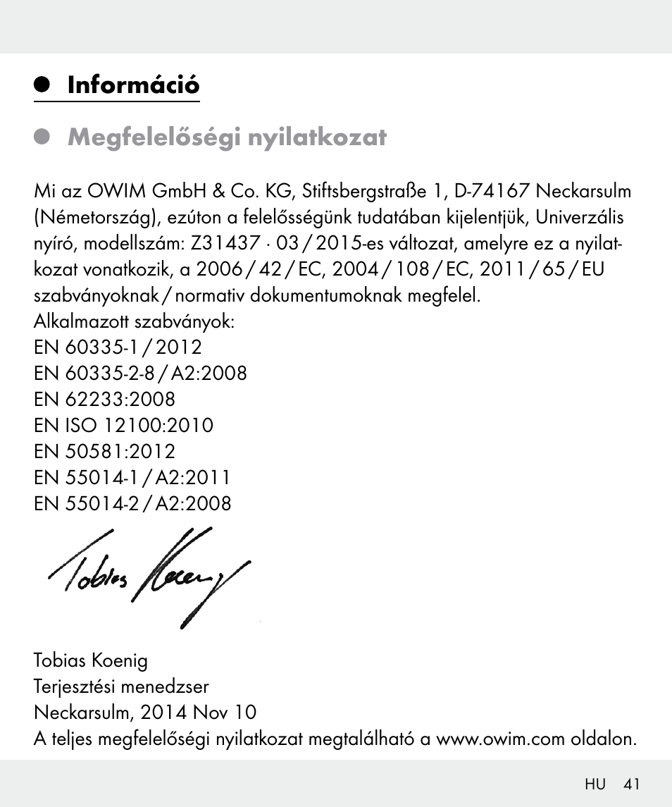 Információ megfelelőségi nyilatkozat | Silvercrest Z31437 User Manual | Page 41 / 92