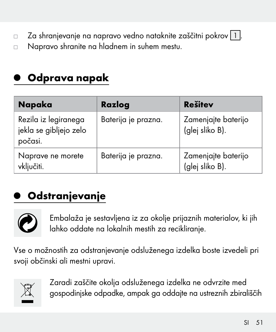 Odprava napak, Odstranjevanje | Silvercrest Z31437 User Manual | Page 51 / 92