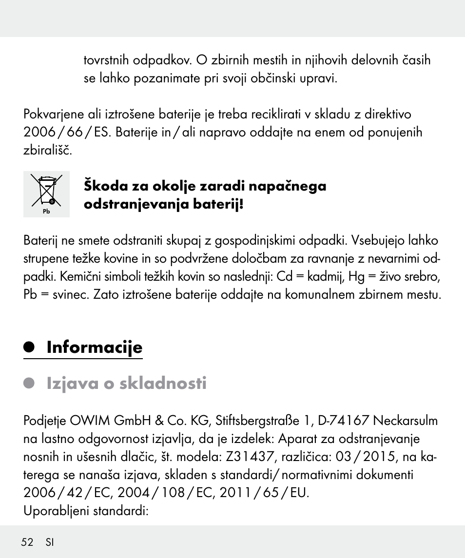 Informacije izjava o skladnosti | Silvercrest Z31437 User Manual | Page 52 / 92