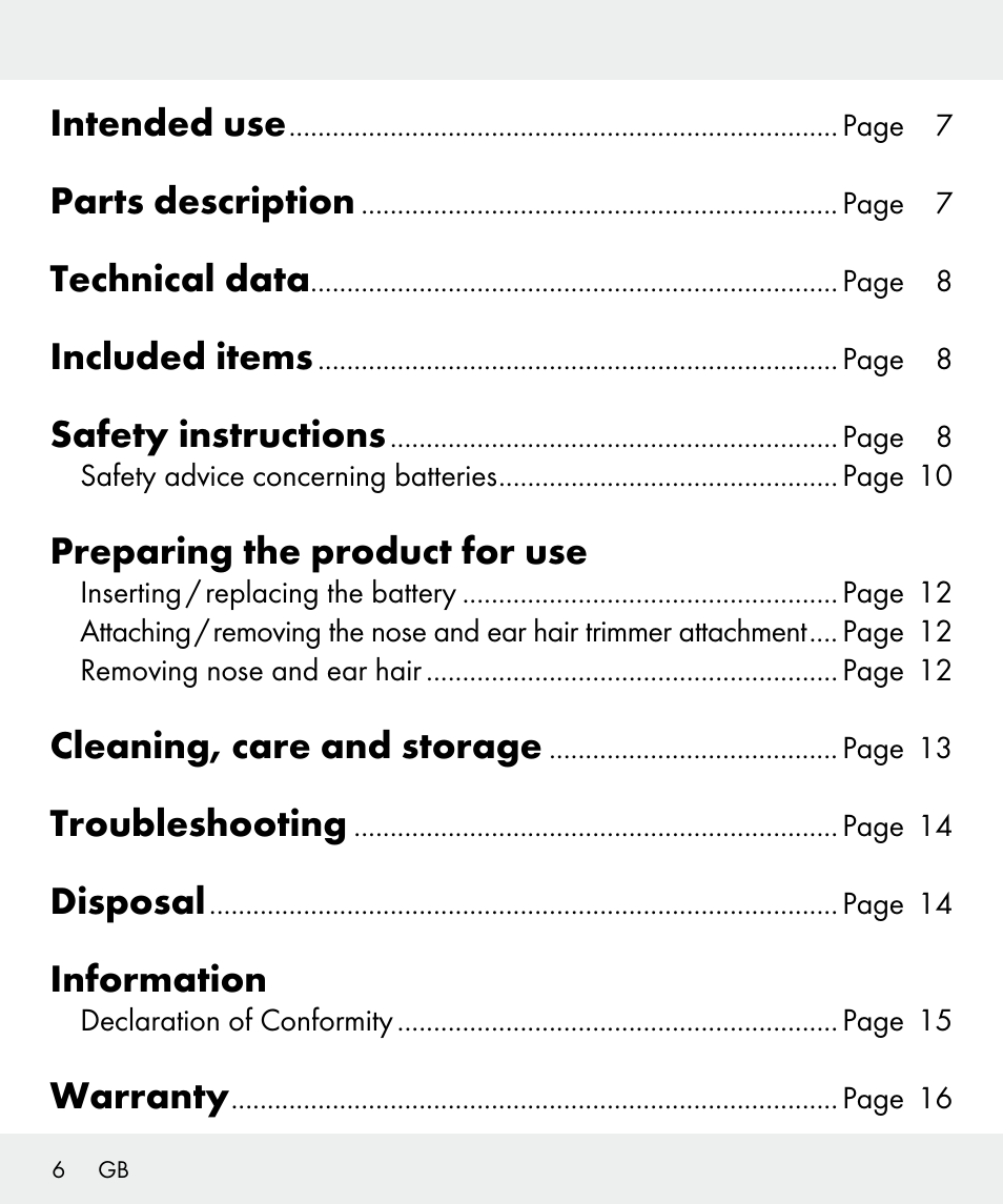 Intended use, Parts description, Technical data | Included items, Safety instructions, Preparing the product for use, Cleaning, care and storage, Troubleshooting, Disposal, Information | Silvercrest Z31437 User Manual | Page 6 / 92