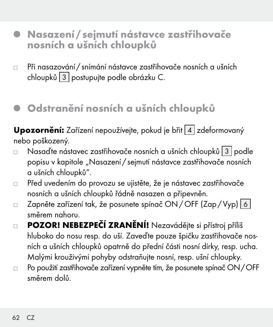 Odstranění nosních a ušních chloupků | Silvercrest Z31437 User Manual | Page 62 / 92