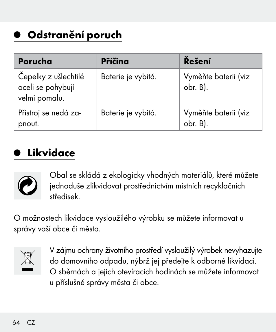 Odstranění poruch, Likvidace | Silvercrest Z31437 User Manual | Page 64 / 92