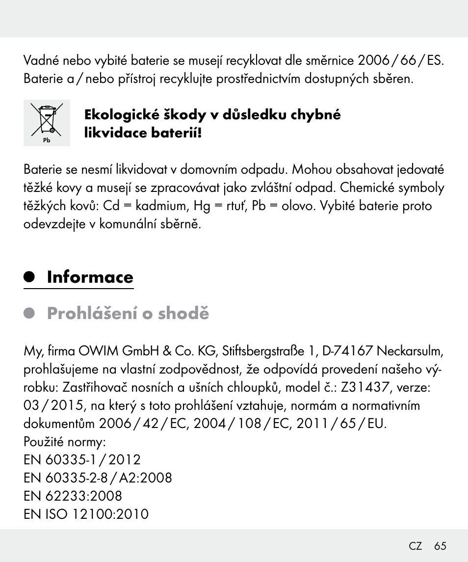 Informace prohlášení o shodě | Silvercrest Z31437 User Manual | Page 65 / 92