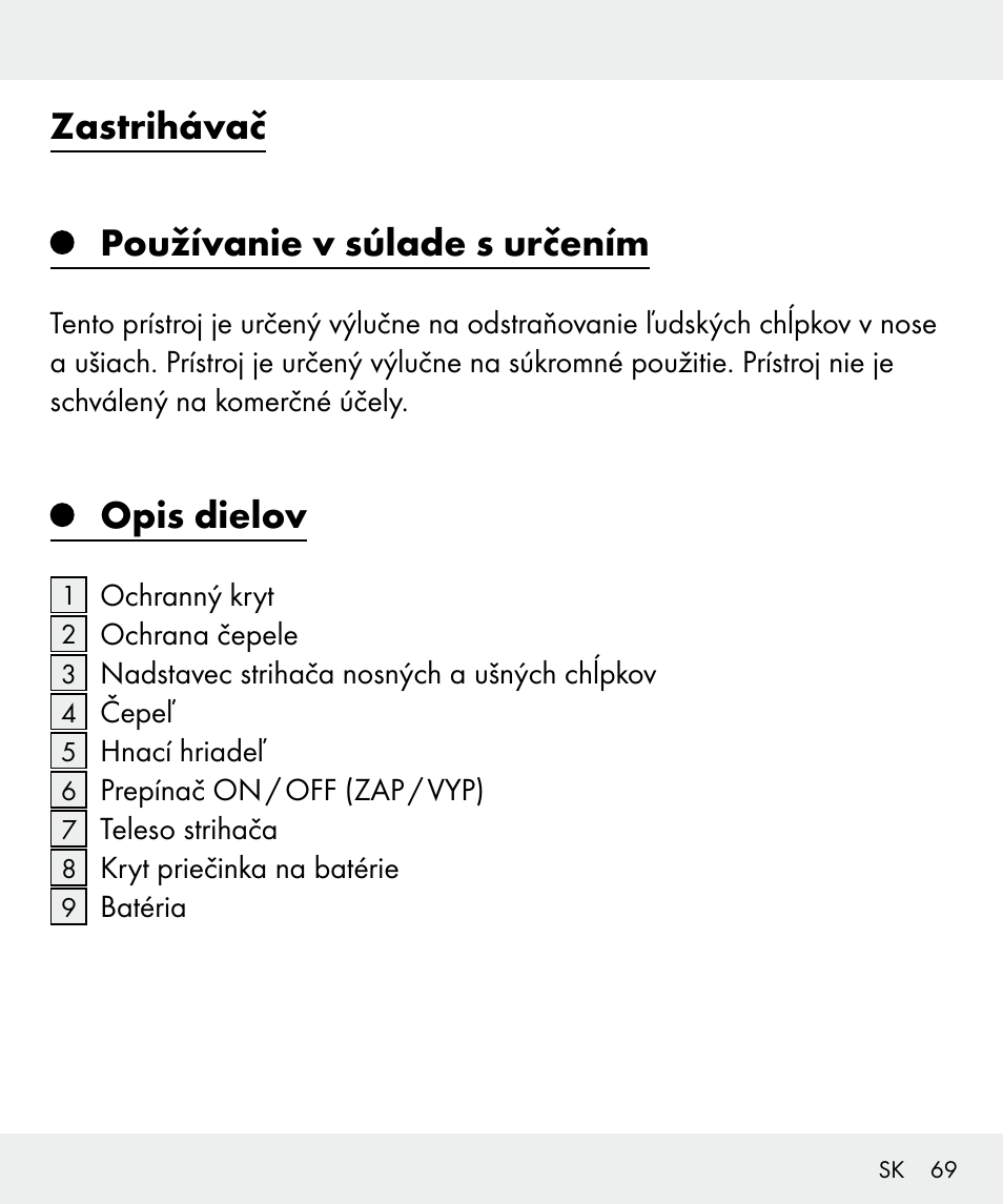 Zastrihávač používanie v súlade s určením, Opis dielov | Silvercrest Z31437 User Manual | Page 69 / 92