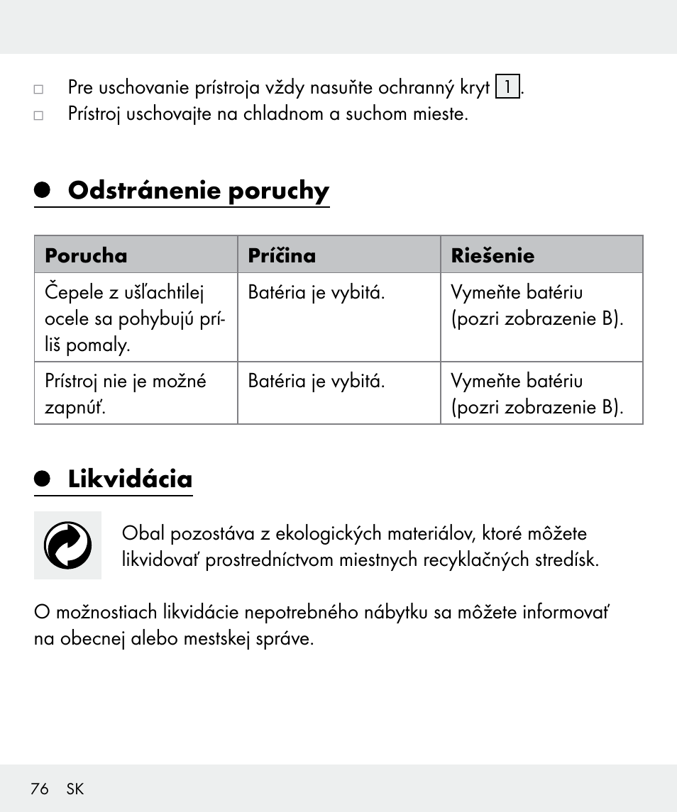 Odstránenie poruchy, Likvidácia | Silvercrest Z31437 User Manual | Page 76 / 92