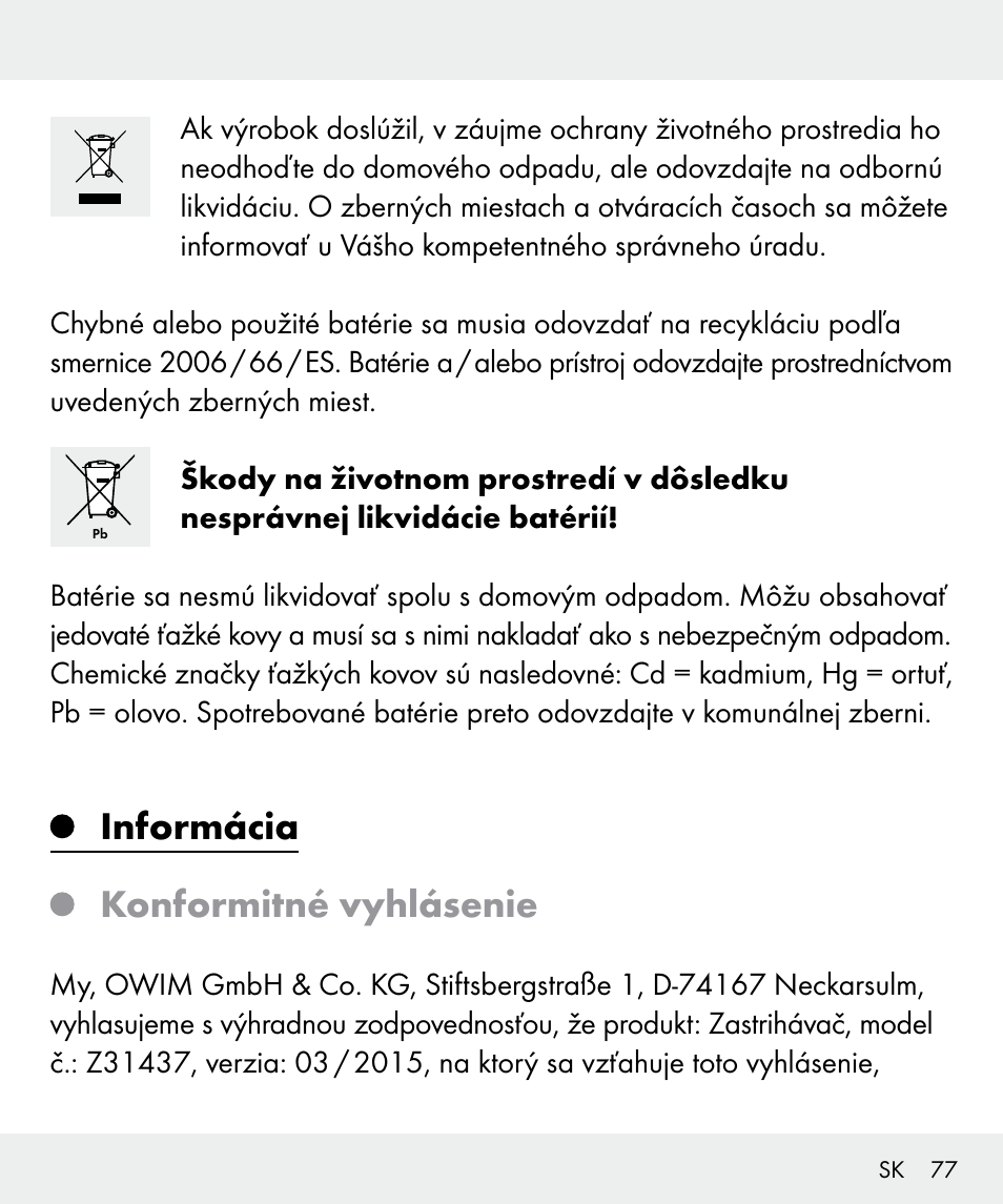 Informácia konformitné vyhlásenie | Silvercrest Z31437 User Manual | Page 77 / 92