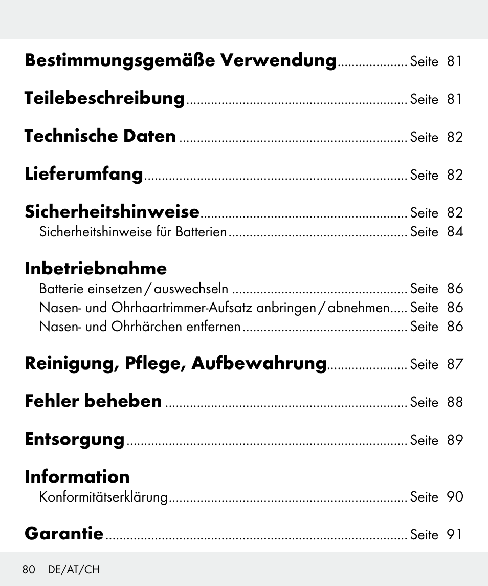 Bestimmungsgemäße verwendung, Teilebeschreibung, Technische daten | Lieferumfang, Sicherheitshinweise, Inbetriebnahme, Reinigung, pflege, aufbewahrung, Fehler beheben, Entsorgung, Information | Silvercrest Z31437 User Manual | Page 80 / 92