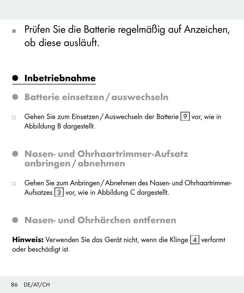 Inbetriebnahme batterie einsetzen / auswechseln, Nasen- und ohrhärchen entfernen | Silvercrest Z31437 User Manual | Page 86 / 92