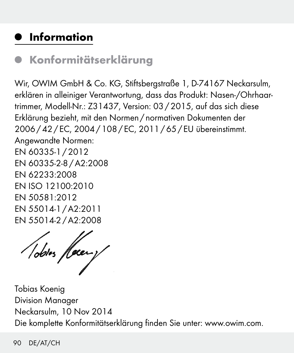 Information konformitätserklärung | Silvercrest Z31437 User Manual | Page 90 / 92