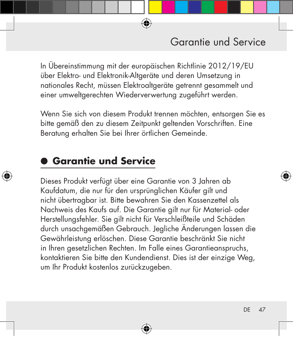 Garantie und service | Silvercrest SWS-A1 User Manual | Page 47 / 190