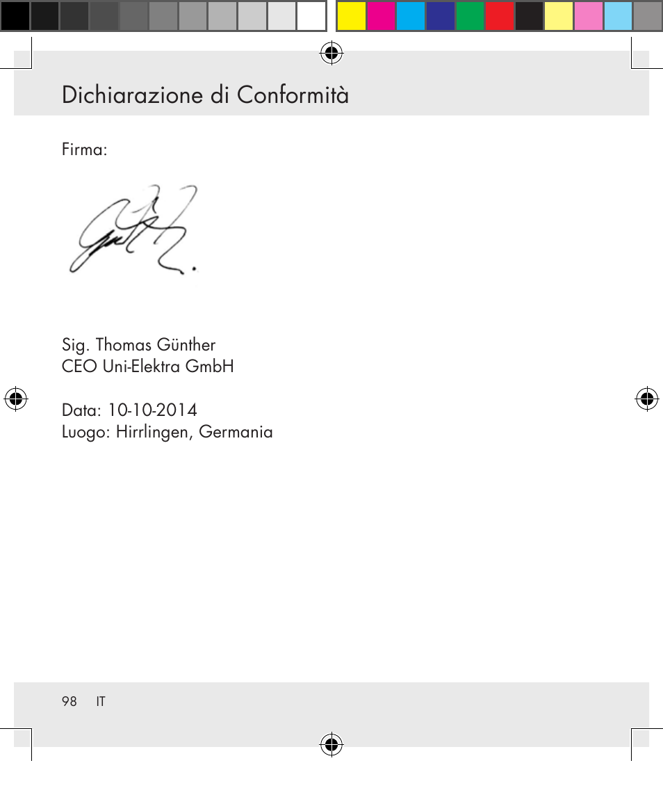 Dichiarazione di conformità | Silvercrest SWS-A1 User Manual | Page 98 / 190