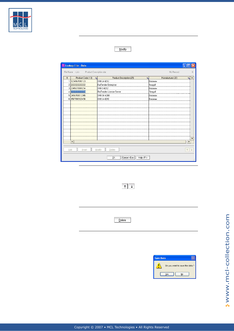 Modify a record, Change record order, Delete record | Save lookup file | Datamax 123 Print v1.1x User Manual | Page 108 / 226