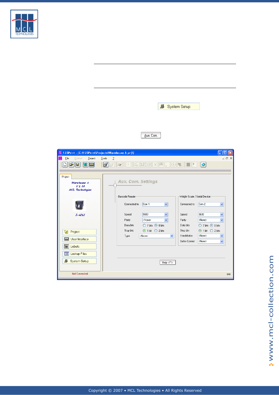 Auxiliary communications, General introduction, Setup | System setup, Section 3.5.2 - auxiliary communications | Datamax 123 Print v1.1x User Manual | Page 116 / 226