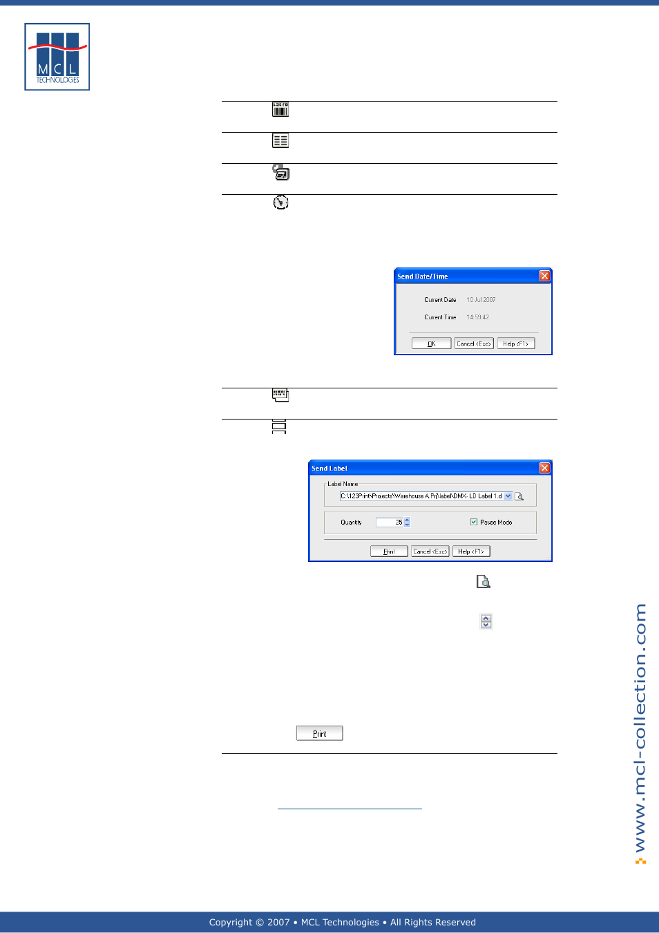 Insert test label, Print config label, Reset printer | Send date time, Reprint last label, Print label, Load file / control | Datamax 123 Print v1.1x User Manual | Page 192 / 226