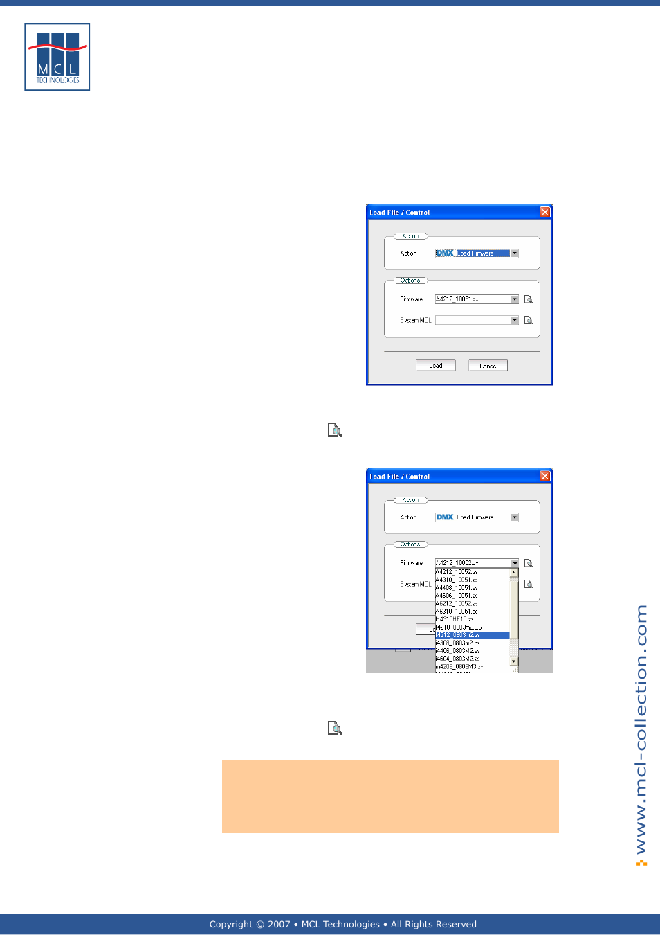 Load firmware, Load firmware action, Load firmware and mcl system menu options | Datamax 123 Print v1.1x User Manual | Page 194 / 226