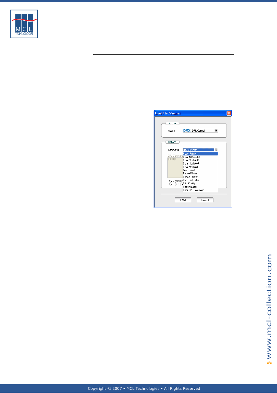 Load dpl control, Dpl control action, Dpl command options | Datamax 123 Print v1.1x User Manual | Page 205 / 226