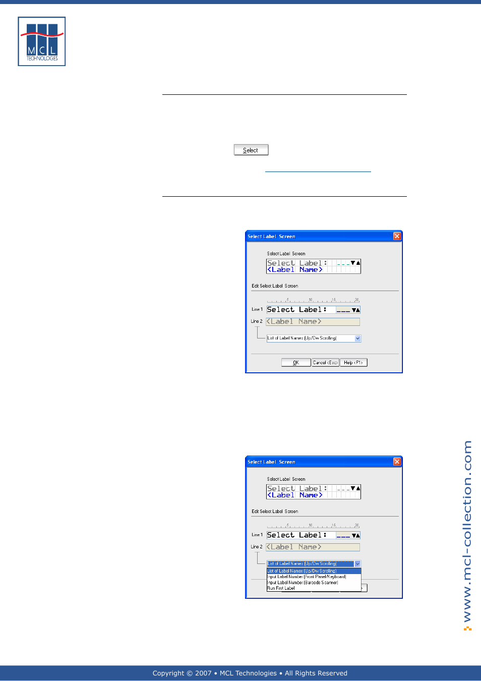 Select label screen, Text display | Datamax 123 Print v1.1x User Manual | Page 42 / 226