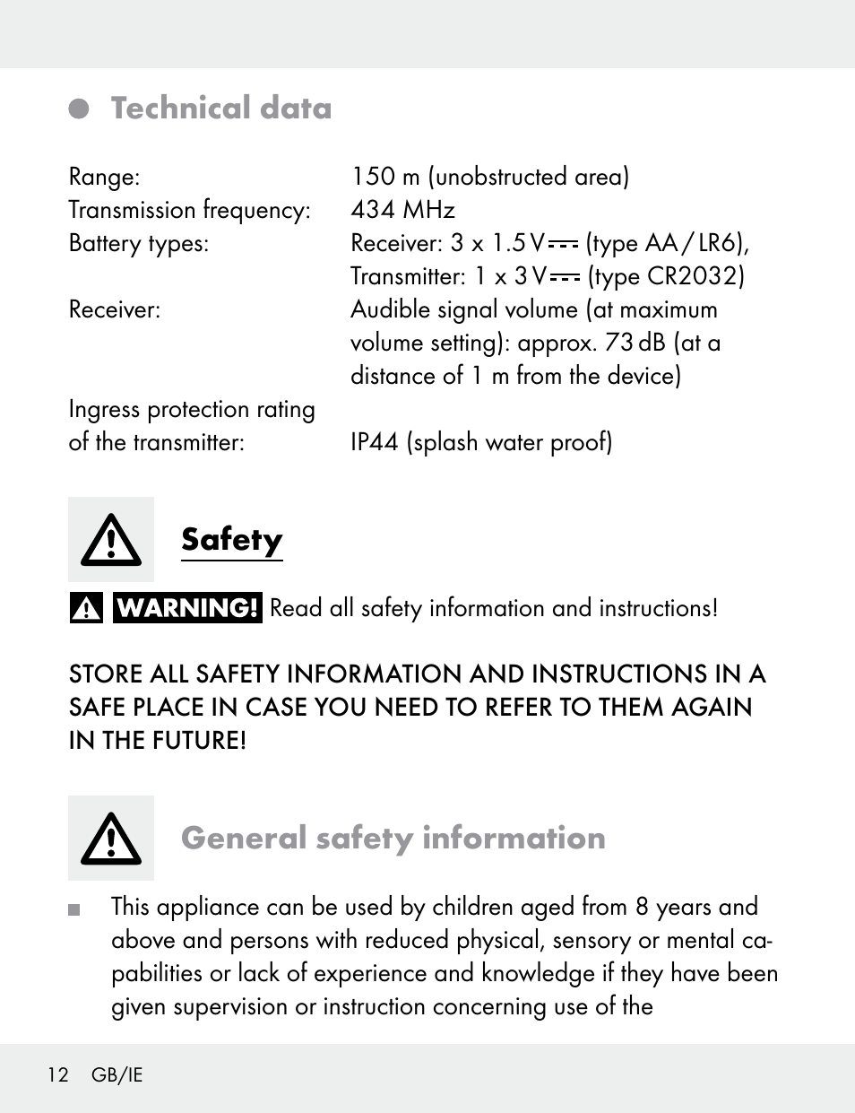 Technical data, Safety, General safety information | Silvercrest 104412-14-01/104412-14-02 User Manual | Page 12 / 97