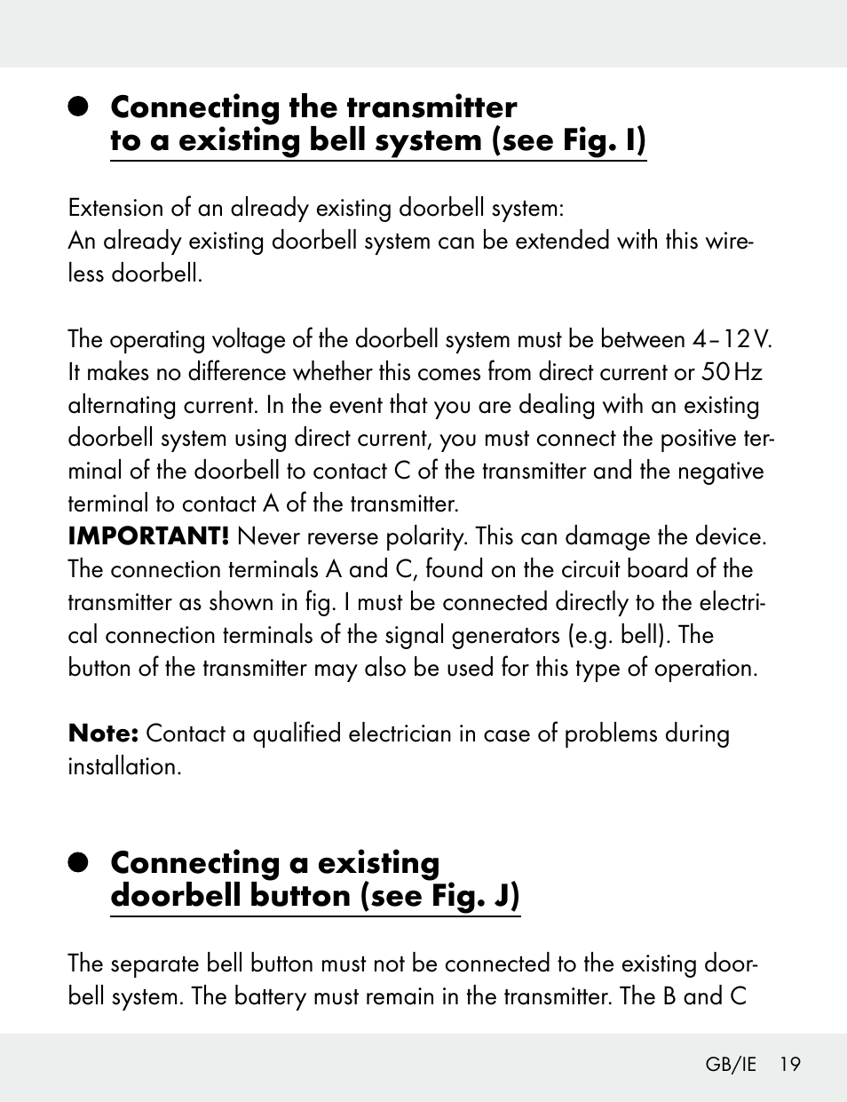 Connecting a existing doorbell button (see fig. j) | Silvercrest 104412-14-01/104412-14-02 User Manual | Page 19 / 97