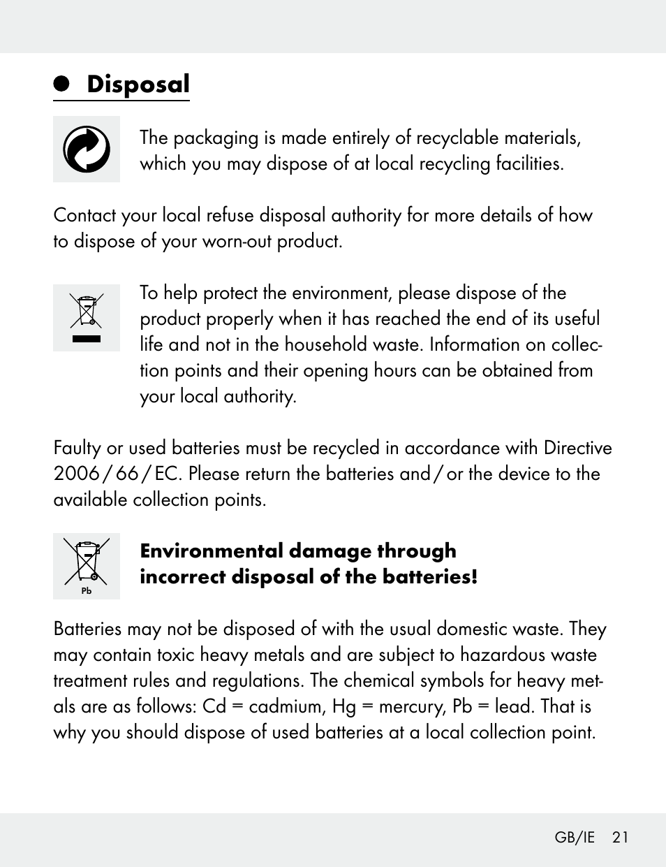 Disposal | Silvercrest 104412-14-01/104412-14-02 User Manual | Page 21 / 97