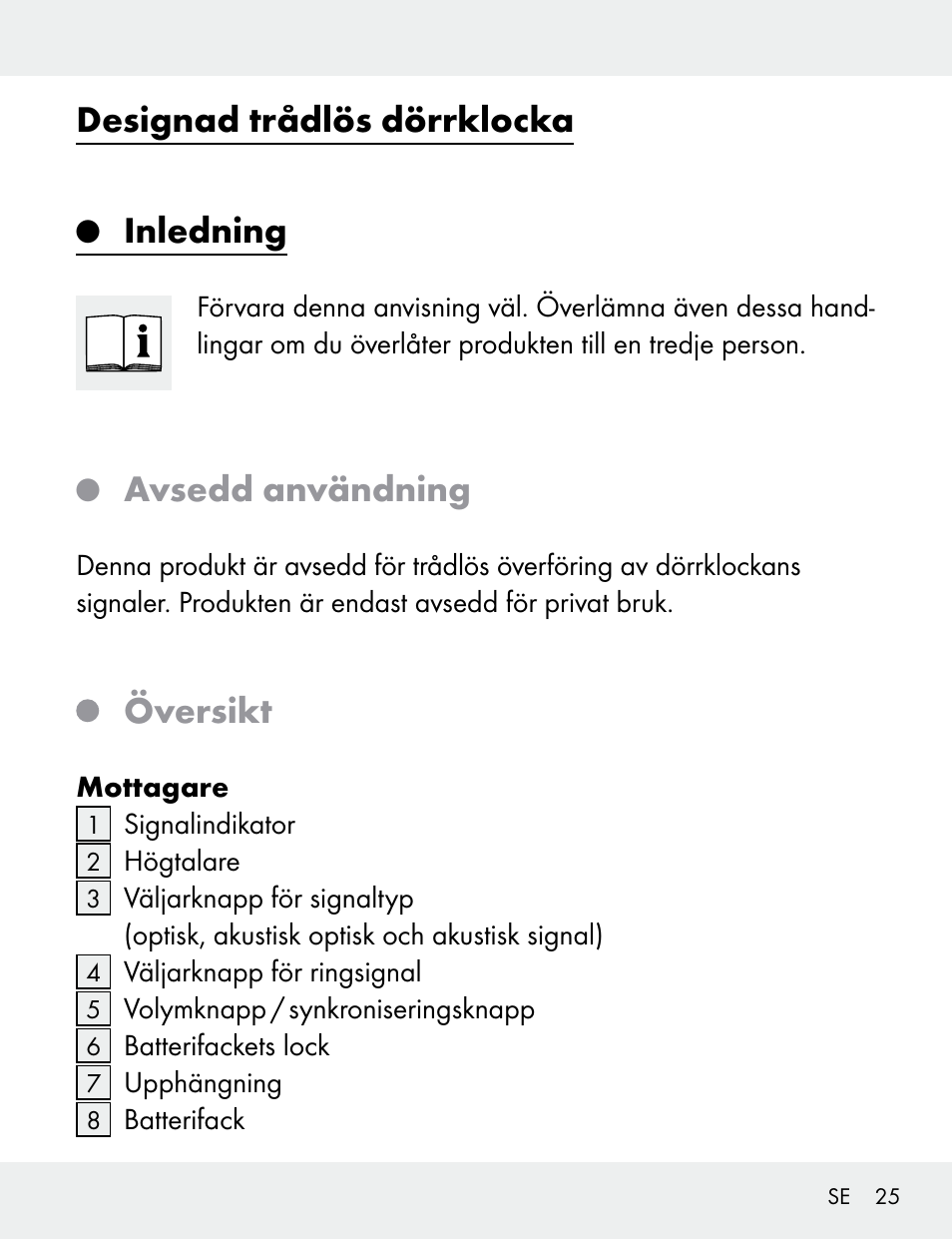 Designad trådlös dörrklocka, Inledning, Avsedd användning | Översikt | Silvercrest 104412-14-01/104412-14-02 User Manual | Page 25 / 97