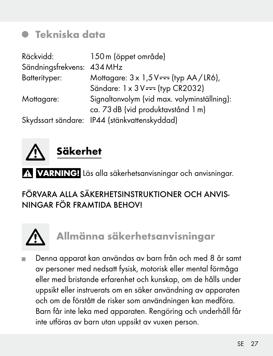 Tekniska data, Säkerhet, Allmänna säkerhetsanvisningar | Silvercrest 104412-14-01/104412-14-02 User Manual | Page 27 / 97