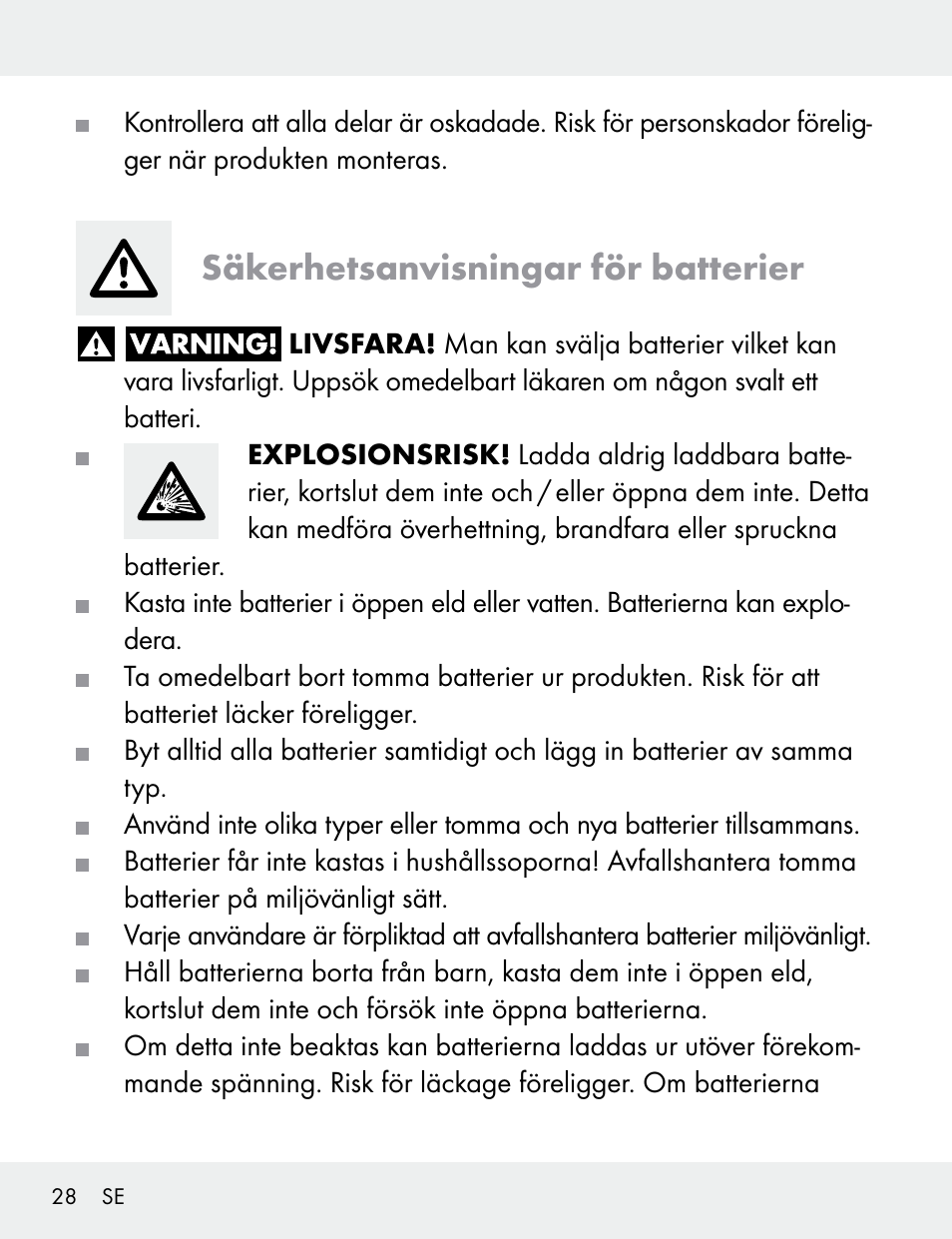 Säkerhetsanvisningar för batterier | Silvercrest 104412-14-01/104412-14-02 User Manual | Page 28 / 97