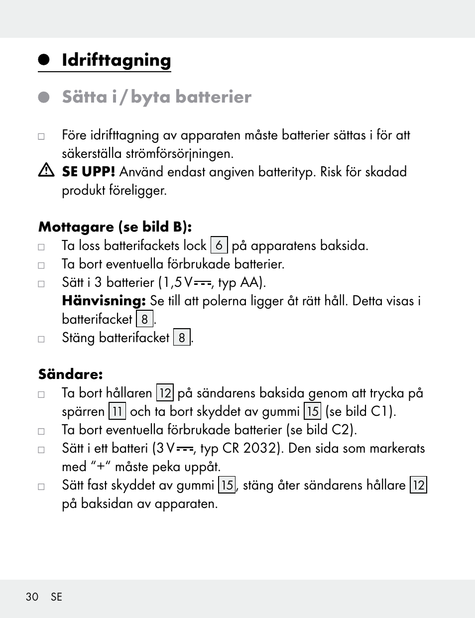 Idrifttagning sätta i / byta batterier | Silvercrest 104412-14-01/104412-14-02 User Manual | Page 30 / 97