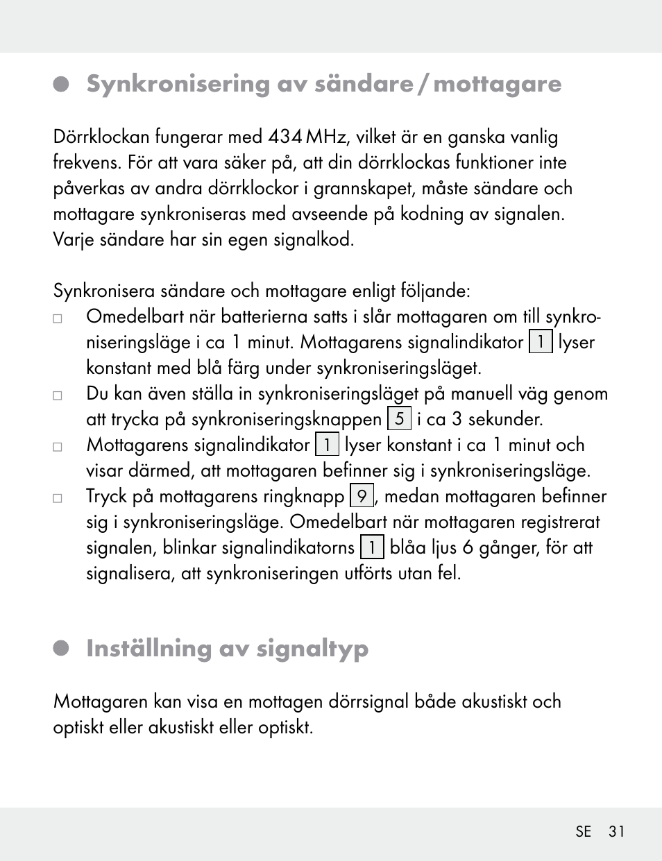 Synkronisering av sändare / mottagare, Inställning av signaltyp | Silvercrest 104412-14-01/104412-14-02 User Manual | Page 31 / 97