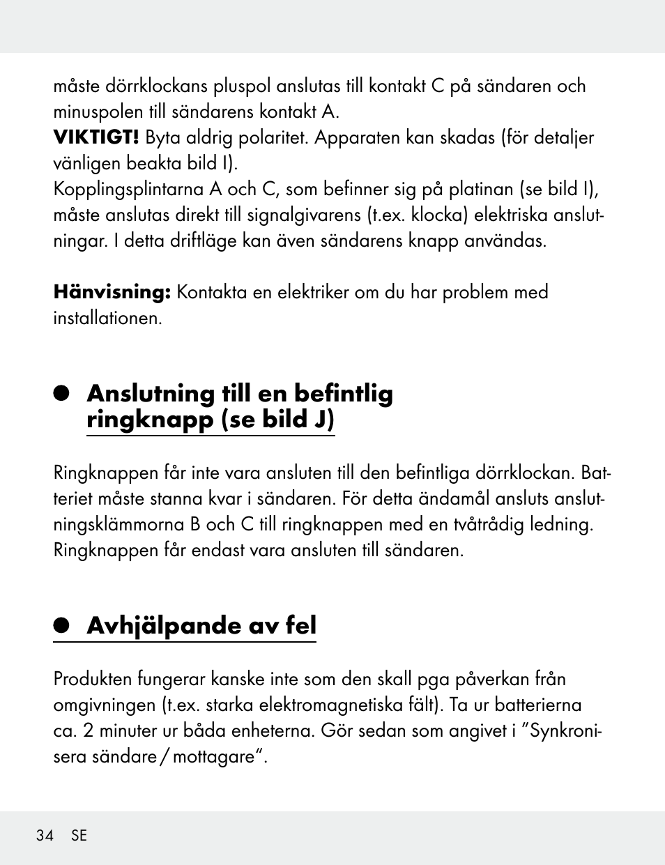 Anslutning till en befintlig ringknapp (se bild j), Avhjälpande av fel | Silvercrest 104412-14-01/104412-14-02 User Manual | Page 34 / 97