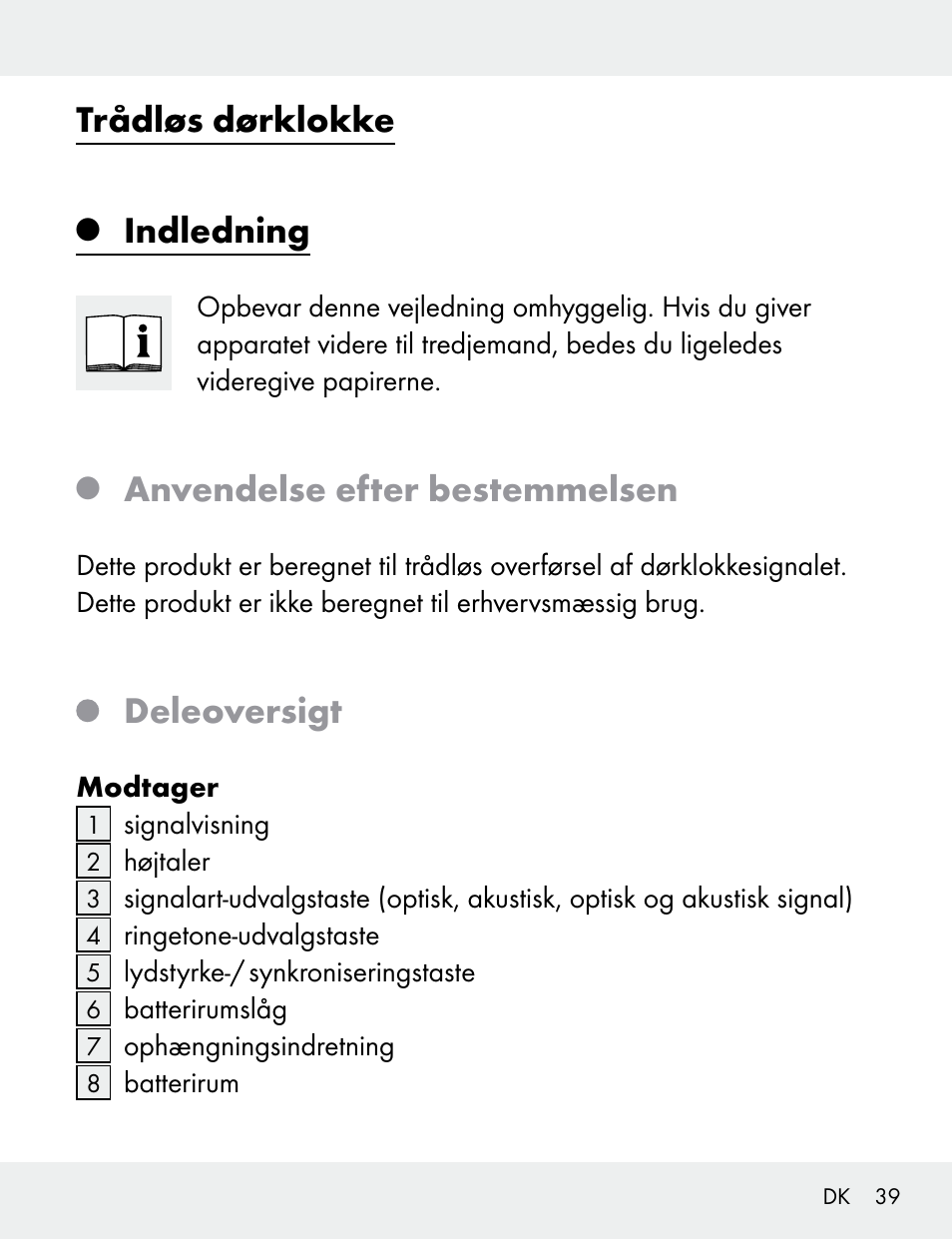 Trådløs dørklokke, Indledning, Anvendelse efter bestemmelsen | Deleoversigt | Silvercrest 104412-14-01/104412-14-02 User Manual | Page 39 / 97